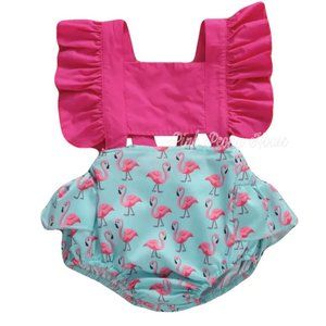 NWT 6m Pink Flamingo Summer Flutter Ruffle Bubble Romper Outfit Boutique 6 month